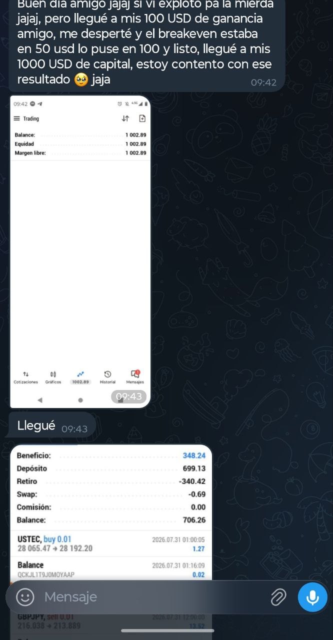Conversación de la comunidad con resultado de 100 USD y cuenta de trading